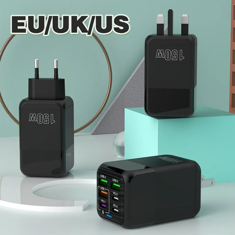 New 150W Fast Charger Mobile Phone Wall Adapter 3Type-C+3USB Multi Port Adapter Super Fast Charging for iPhone Samsung Huawei
