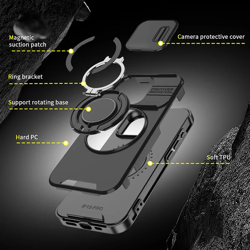 360°Rotating Hidden Metal Ring Car Holder Soft TPU+Hard PC Bumper Phone Case For IPhone 15 Pro Max 13 12 11 14 16 Pro Max Plus