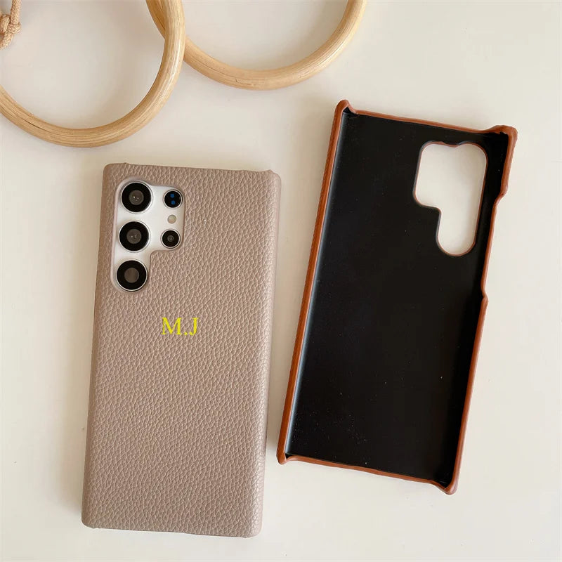 Phone Case for Samsung s23 s22 s24 ultra s21 plus s20 s10p Personalize Customize Name Letter Grain Leather Cases