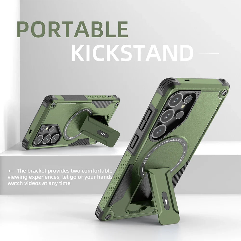Fold Stand Holder Magnetic Armor Case For Samsung S25 Ultra S24 Plus Wireless Charging Invisible Bracket Shockproof Hard Cover