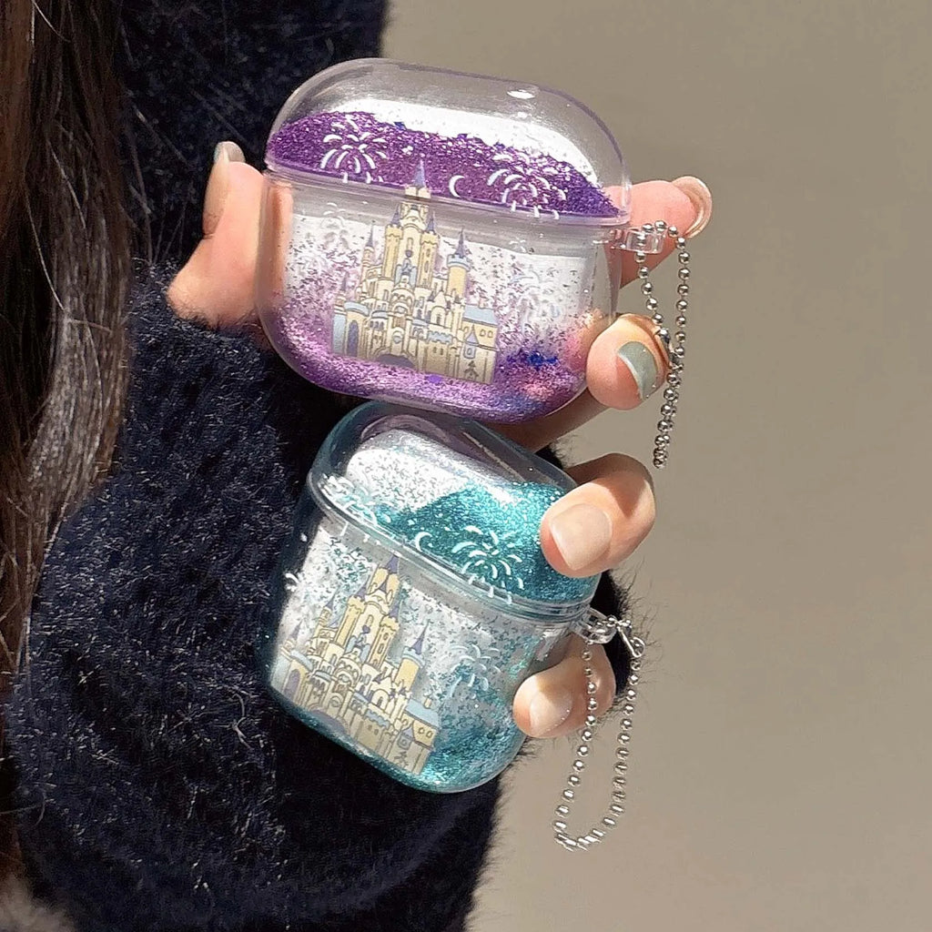 Glitter quicksand castle firework earphone case for apple airpods 4 3 2 1 pro 2nd wireless bluetooth charging box headset cover