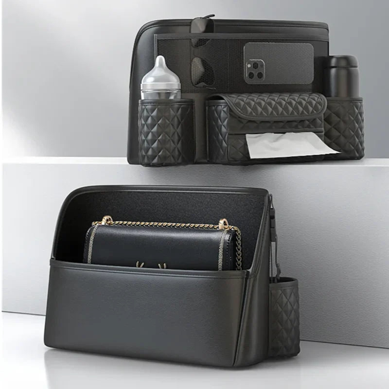 Leather Car Seat Middle Hanger Storage Bag Luxury Auto Handbag Holder Between Seats Tissue Water Cup Pockets Stowing Tidying