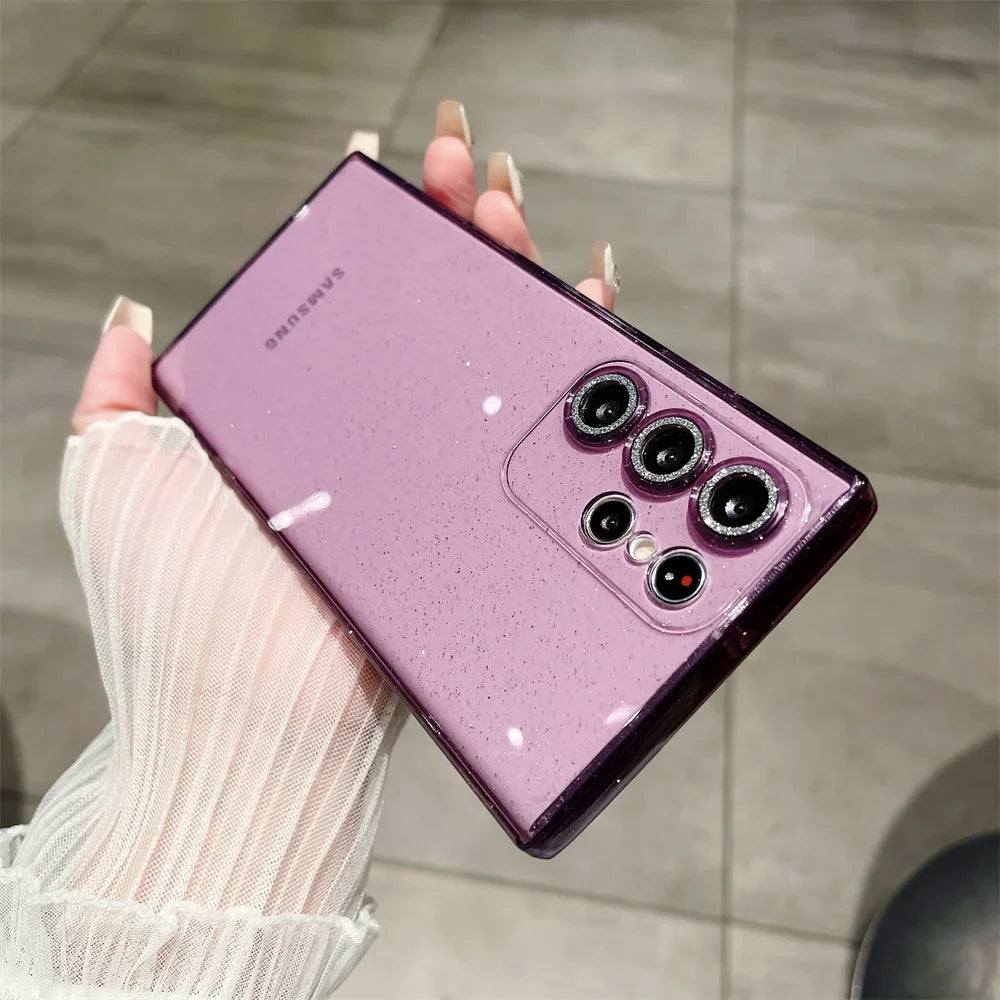 Transparent Glitter Soft Case for Samsung Galaxy S24 S23 Ultra S22 S21 Plus S20 FE A54 A34 A55 A52 A35 A53 A25 Camera Film Cover