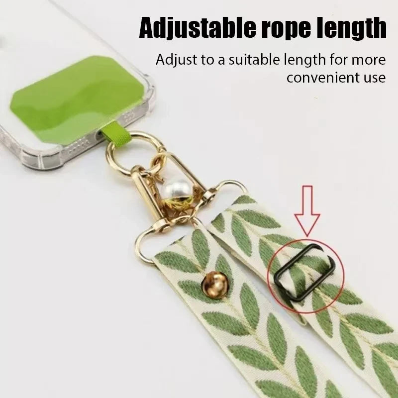 Adjustable Crossbody Long Mobile Phone Lanyard Wide Cloth Anti-Lost Neckband Women's Pearl Hanging Ornaments Strap Rope
