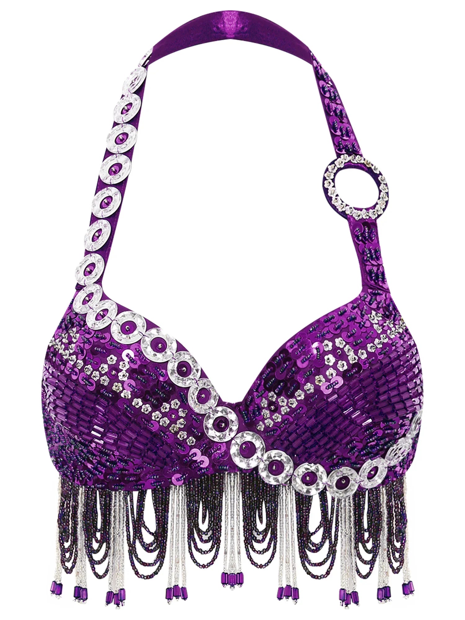 Sequin Beaded Fringe Tassel Performance Costume Halter Bra Top