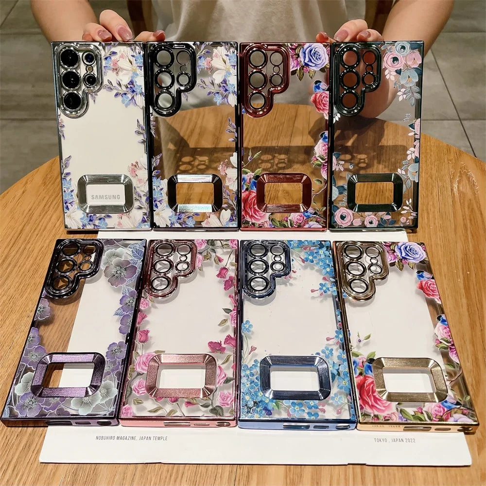 For Samsung S24 Ultra Luxury Plating Logo Hole Case For Samsung Galaxy S23 Ultra S22 Plus Flower Camera Film Transparent Cover