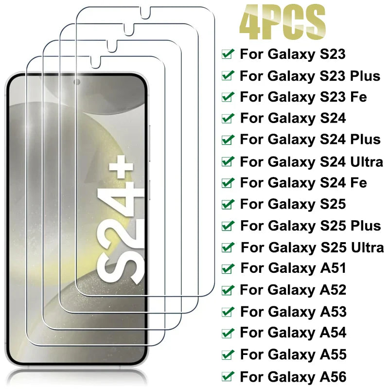 4PCS Tempered Glass For Samsung Galaxy S23 S24 Plus S25 Ultra S23 Fe A51 A52 A52S A56 A53 A54 A55 Full Cover Screen Protector