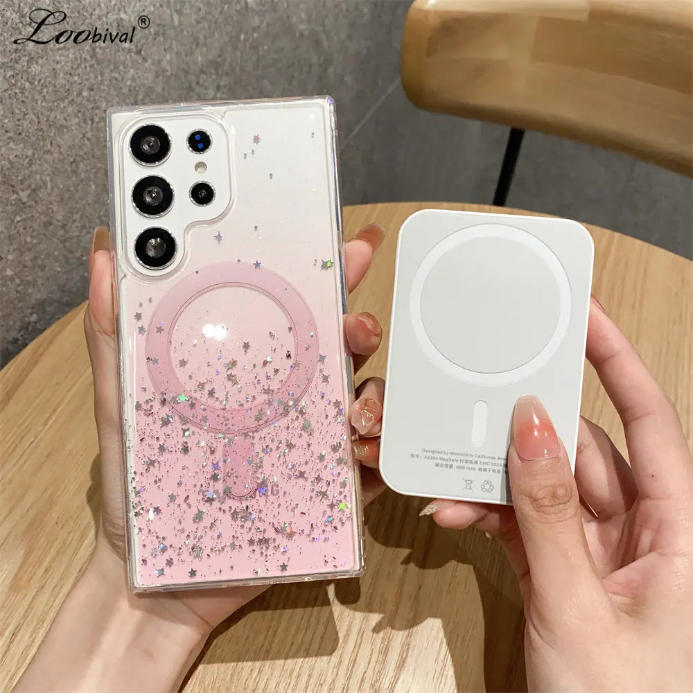 for Samsung S23 Ultra Gradient Glitter Epoxy Case for Samsung Galaxy S23 Plus S22 Ultra for Magsafe Magnetic Transparent Cover