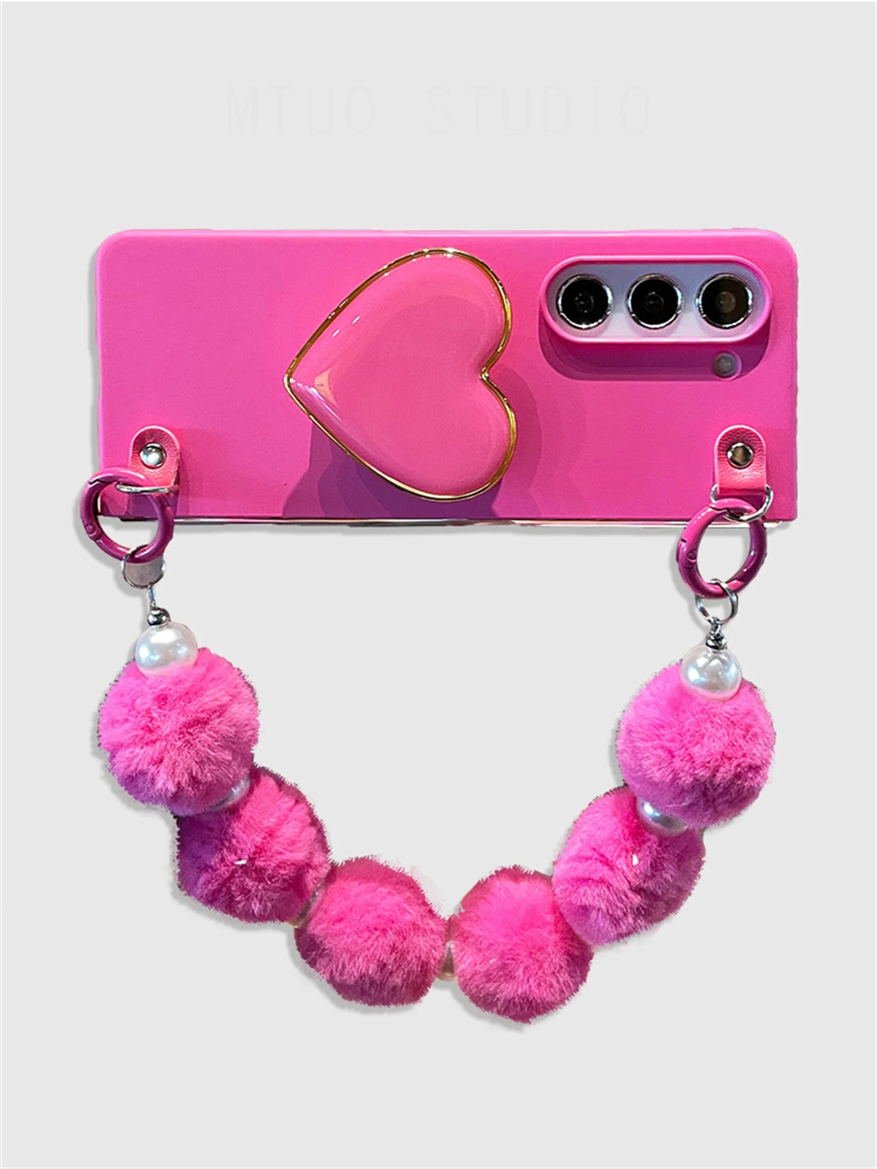Luxury Korean Love Heart Bracket Case with Hairball Ball Pearl Chain for Galaxy Z Fold 5 Z Fold4 Fold3 Zfold56 Portable Cover