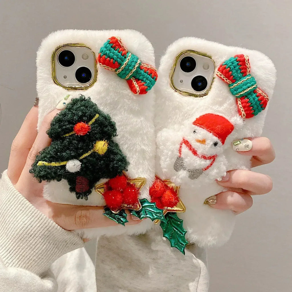 Plush Christmas Snowman Phone Cases Cute  IPhone 16 12 13 14 15Pro XR X Xs Max Mini 7 8 Case 3D Furry Bunny Fur Back Cover Funda