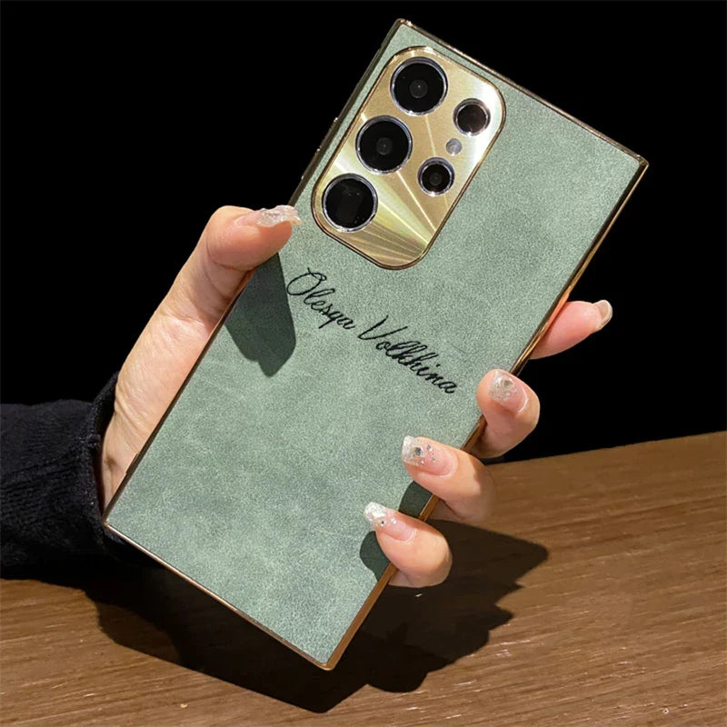 S24 Ultra Personalized Custom Name PU Leather Texture Phone Case For Samsung Galaxy S23 S22 Ultra S24 Plus Plating Back Cover