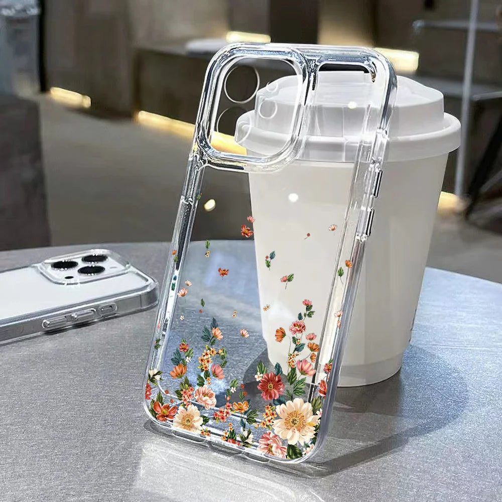 Flower Phone Case For iPhone 13 16 Pro 15 11 12 14 Pro Max XR X XS 7 8 Plus SE Shockproof Transparent Cover Silicone Soft Fundas