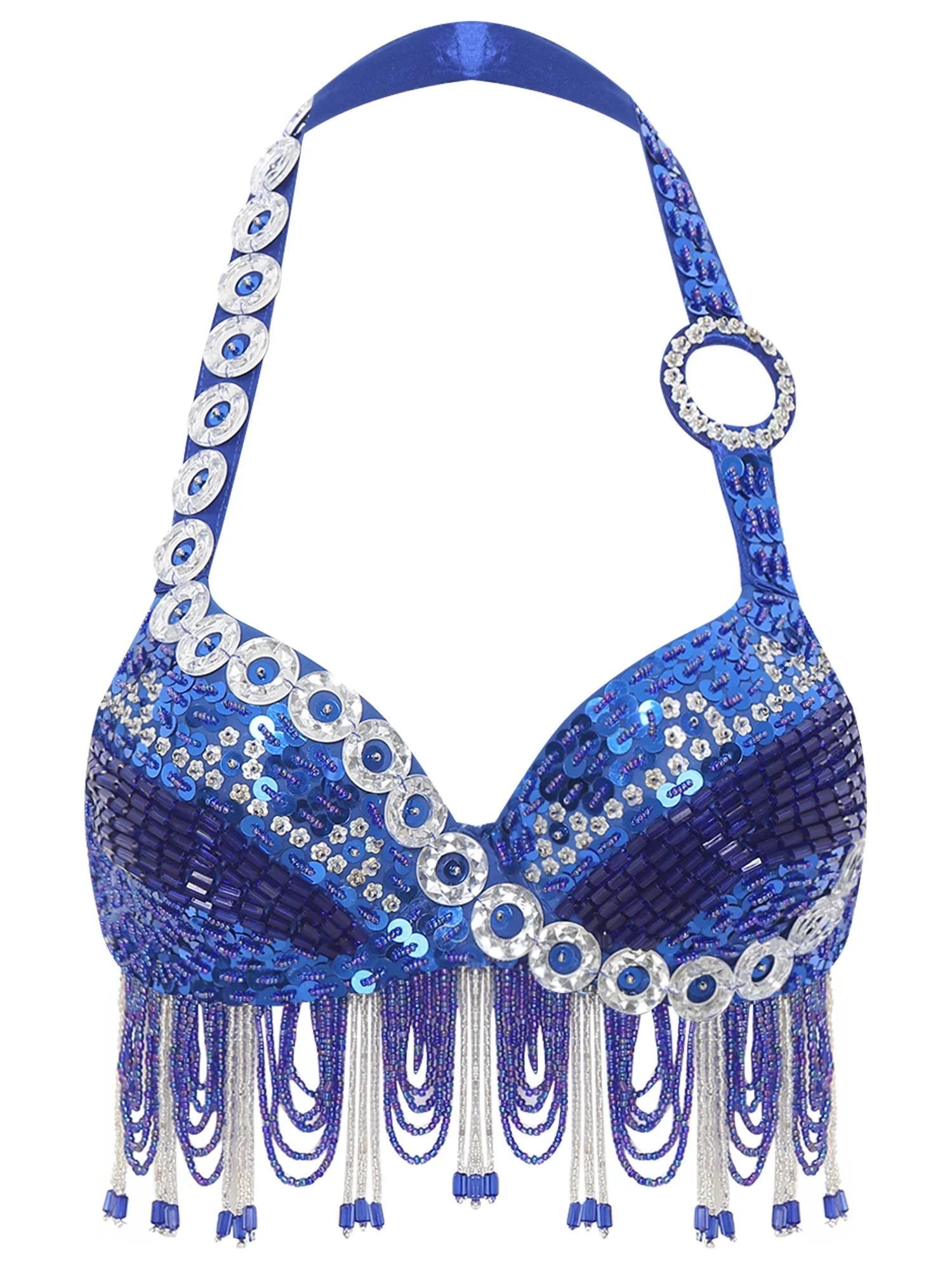 Sequin Beaded Fringe Tassel Performance Costume Halter Bra Top