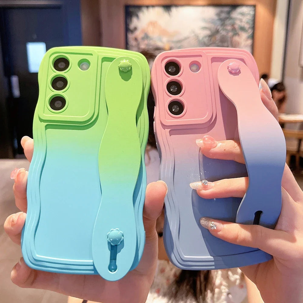 Gradient Wristband Bracket Case for Samsung Galaxy S24 S23 Ultra S22 Plus S21 S20 FE A54 A34 A53 A52 A14 Wrist Strap Stand Cover