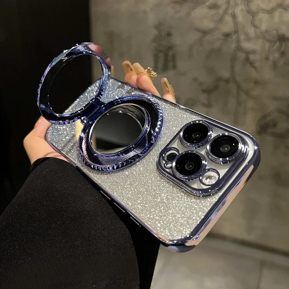 Luxury Glitter Mirror Stand Case for iPhone 16 15 14 13 12 Pro Max 11 X Xr XsMax 7 8 Plus Bracket Gradient Make Up Plating Cover