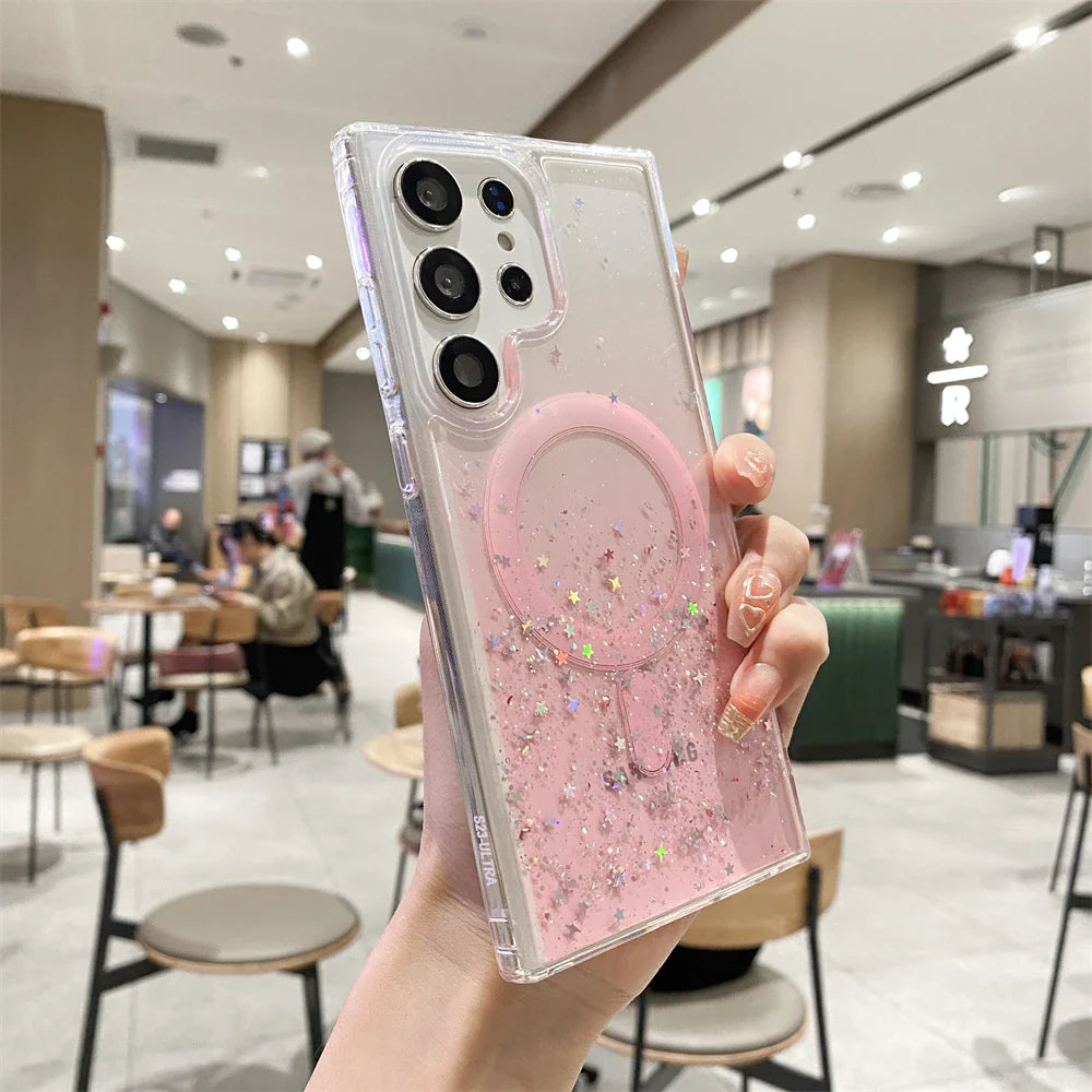 for Samsung S23 Ultra Gradient Glitter Epoxy Case for Samsung Galaxy S23 Plus S22 Ultra for Magsafe Magnetic Transparent Cover