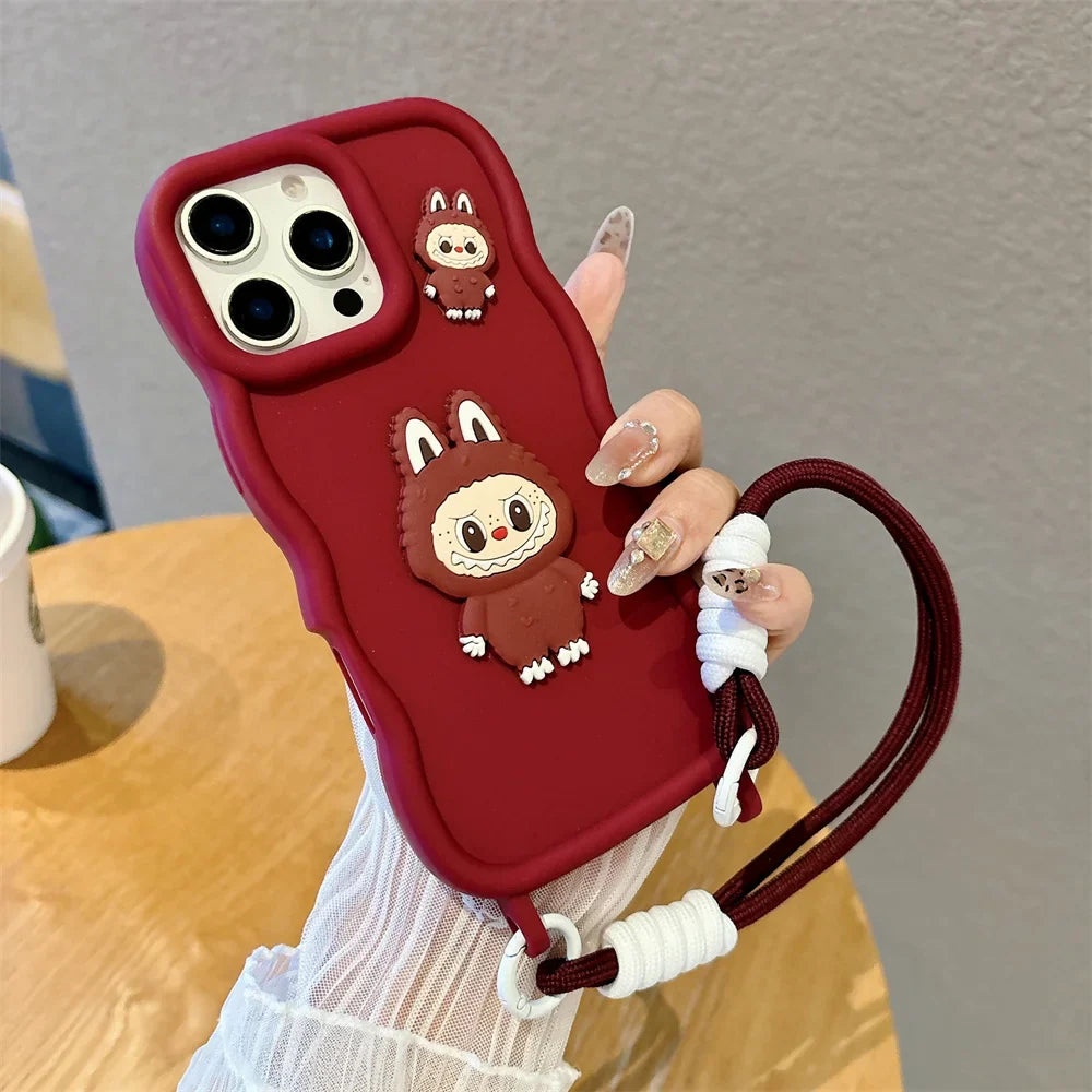 3D Cute Cartoon Animals Silicone Soft Phone Case with Wrist Strap For iPhone 16 Pro Max 15 14 13 Wave Edge Frame Candy Cover