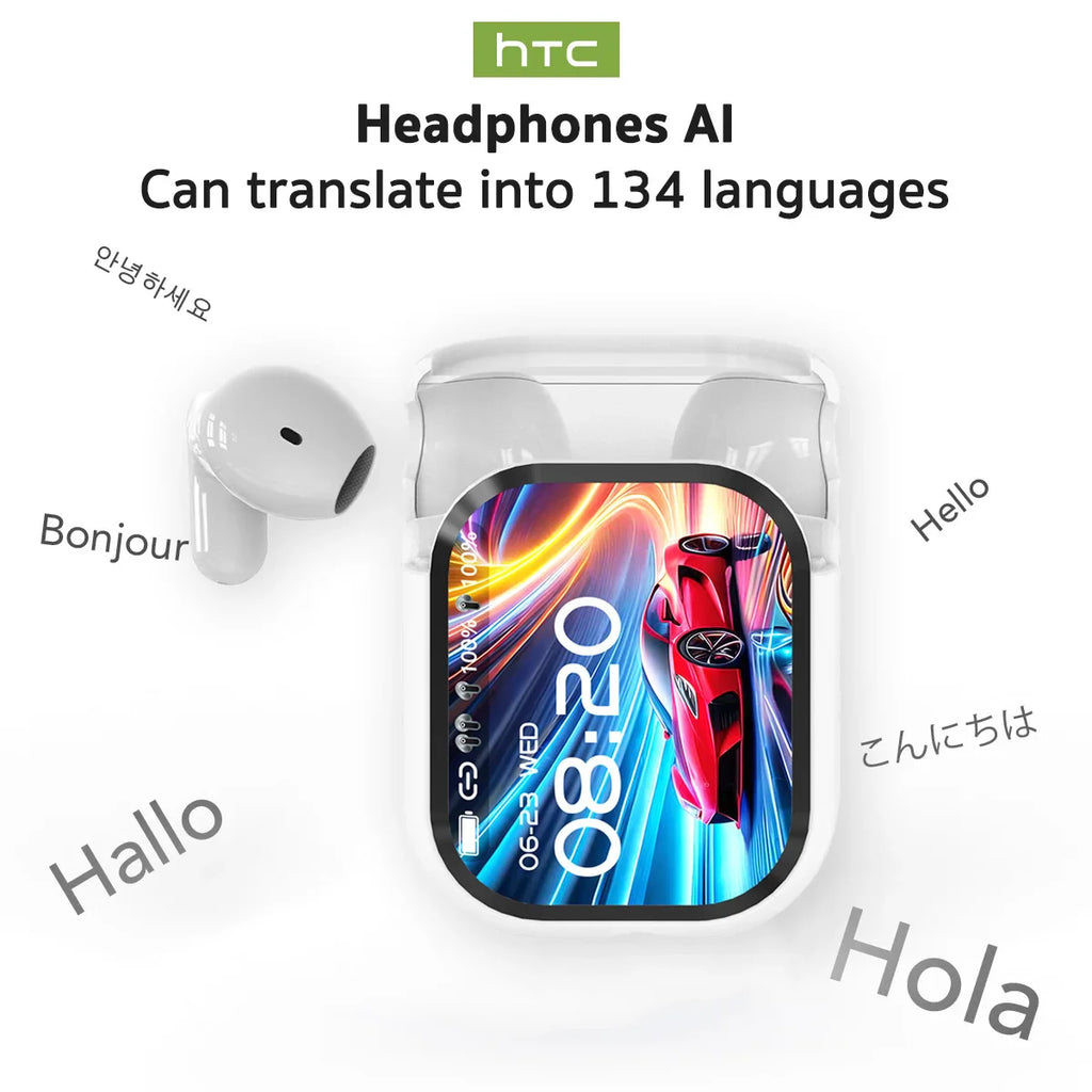 【HTC NE20】Bluetooth V6.0 Earphones AI Translator Earbuds OWS LCD Touch Screen Sport Wireless Headphones HD Stereo Sound Longlife