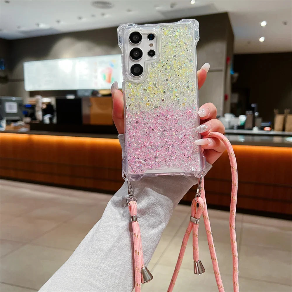 Glitter Gradient Crossbody Case for Samsung Galaxy S24 Ultra S22 S23 Plus A55 A54 A34 A14 A15 A53 Lanyard Necklace Bumper Cover