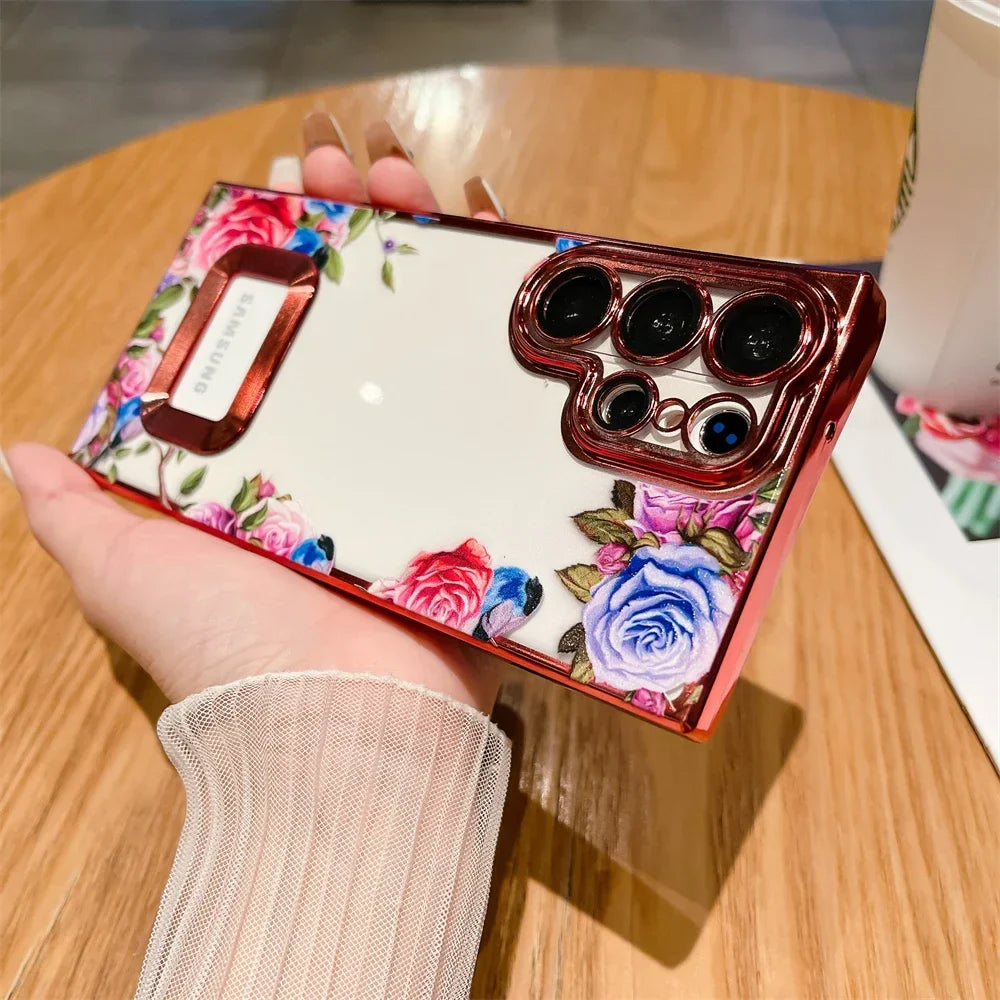 For Samsung S24 Ultra Luxury Plating Logo Hole Case For Samsung Galaxy S23 Ultra S22 Plus Flower Camera Film Transparent Cover