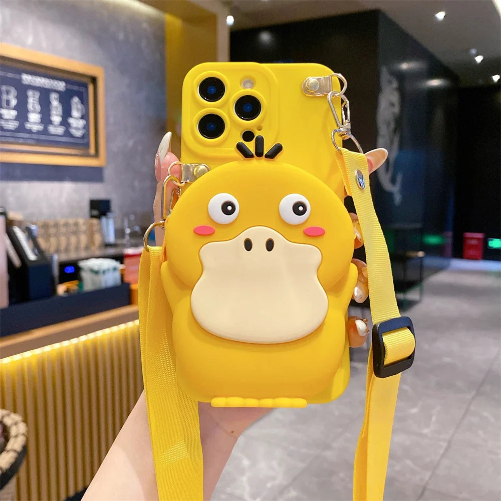 3D Cartoon Capybara Crossbody Strap Coin Wallet Lipstick Bag Phone Case For iPhone 16 15 14 Plus 13 12 11 Pro Max 16ProMax