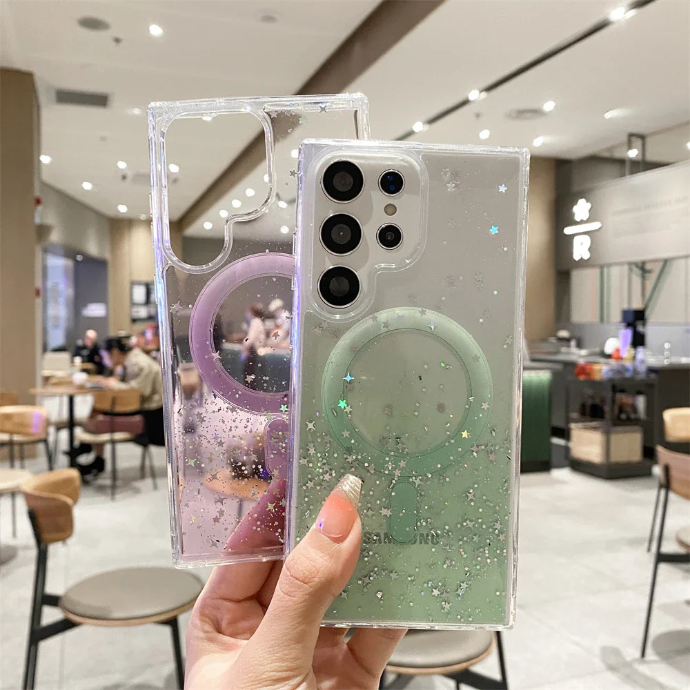 for Samsung S23 Ultra Gradient Glitter Epoxy Case for Samsung Galaxy S23 Plus S22 Ultra for Magsafe Magnetic Transparent Cover