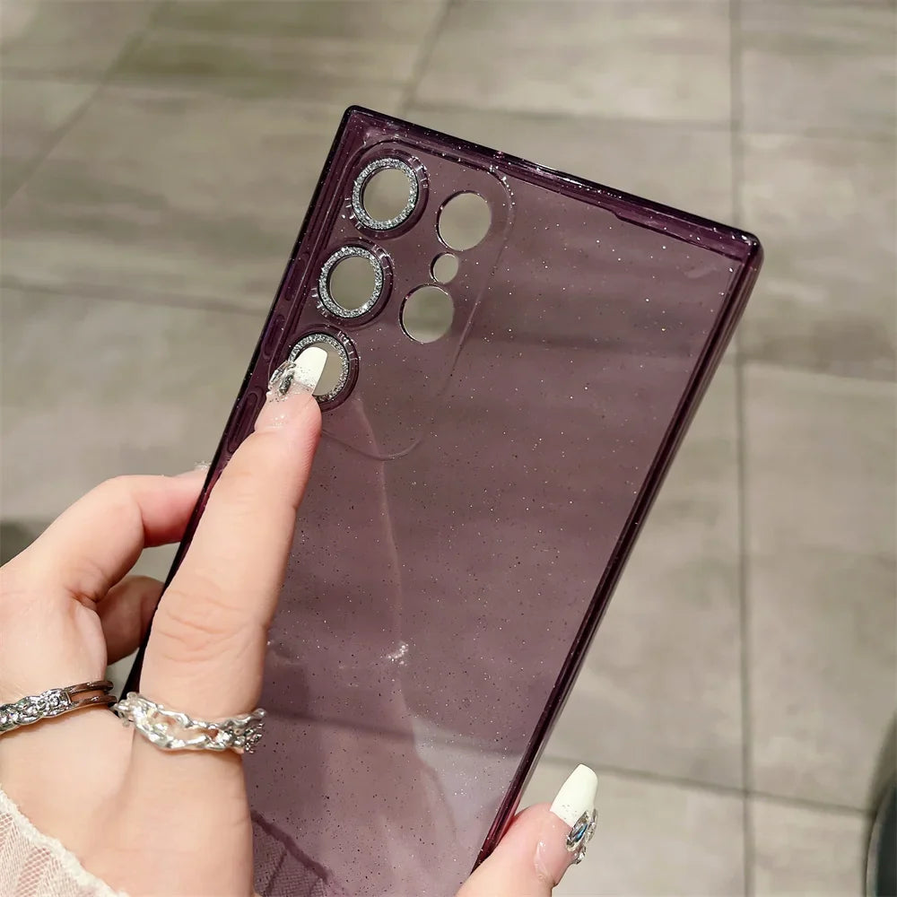 Transparent Glitter Soft Case for Samsung Galaxy S24 S23 Ultra S22 S21 Plus S20 FE A54 A34 A55 A52 A35 A53 A25 Camera Film Cover