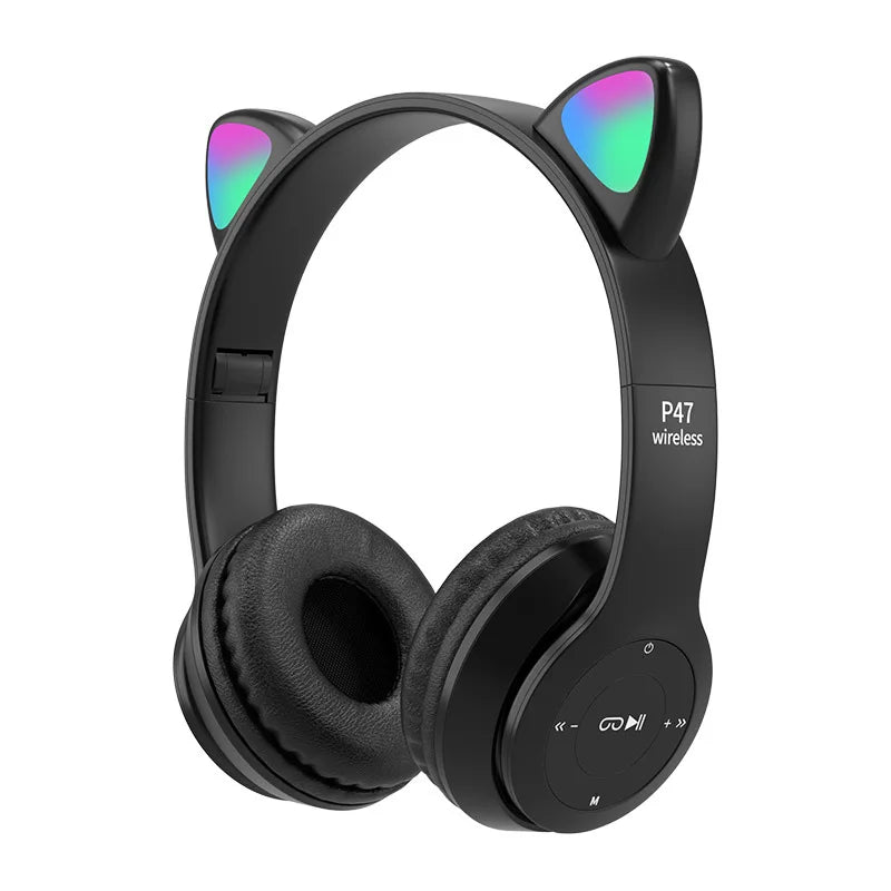 Flash Lamp Cute Cat Ears Headphone Bluetooth5.0 Stereo With Mic Support TF Card Wireless Kids Girl Earphone Birthday Gift