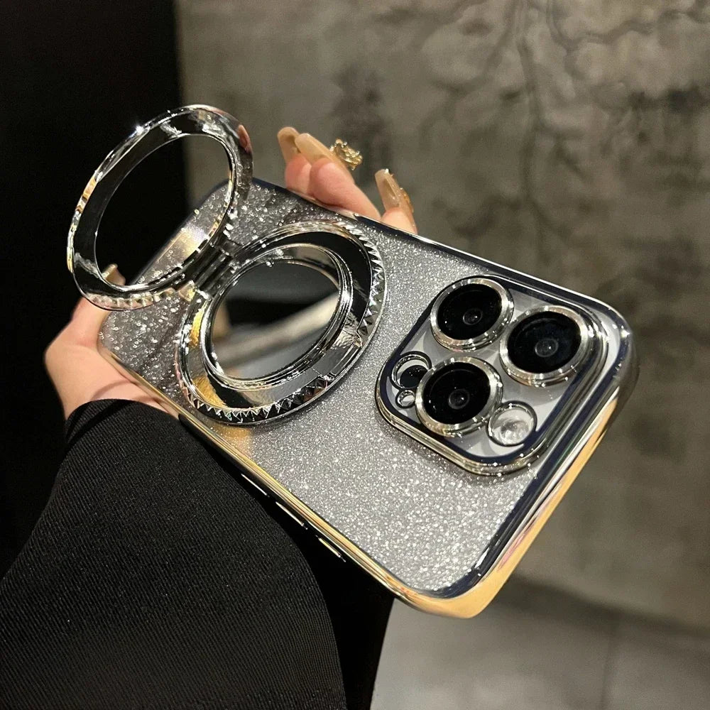 Luxury Glitter Mirror Stand Case for iPhone 16 15 14 13 12 Pro Max 11 X Xr XsMax 7 8 Plus Bracket Gradient Make Up Plating Cover