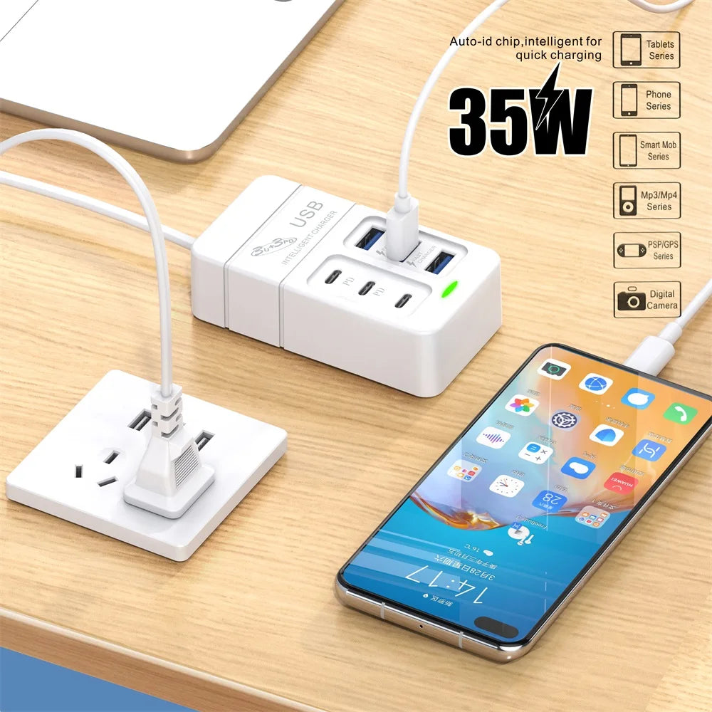6 Port PD USB Charger QC 3.0 Fast Charging Type C Wall Charger for Xiaomi Samsung iPad Mobile Phone Charger Travel Power Adapter