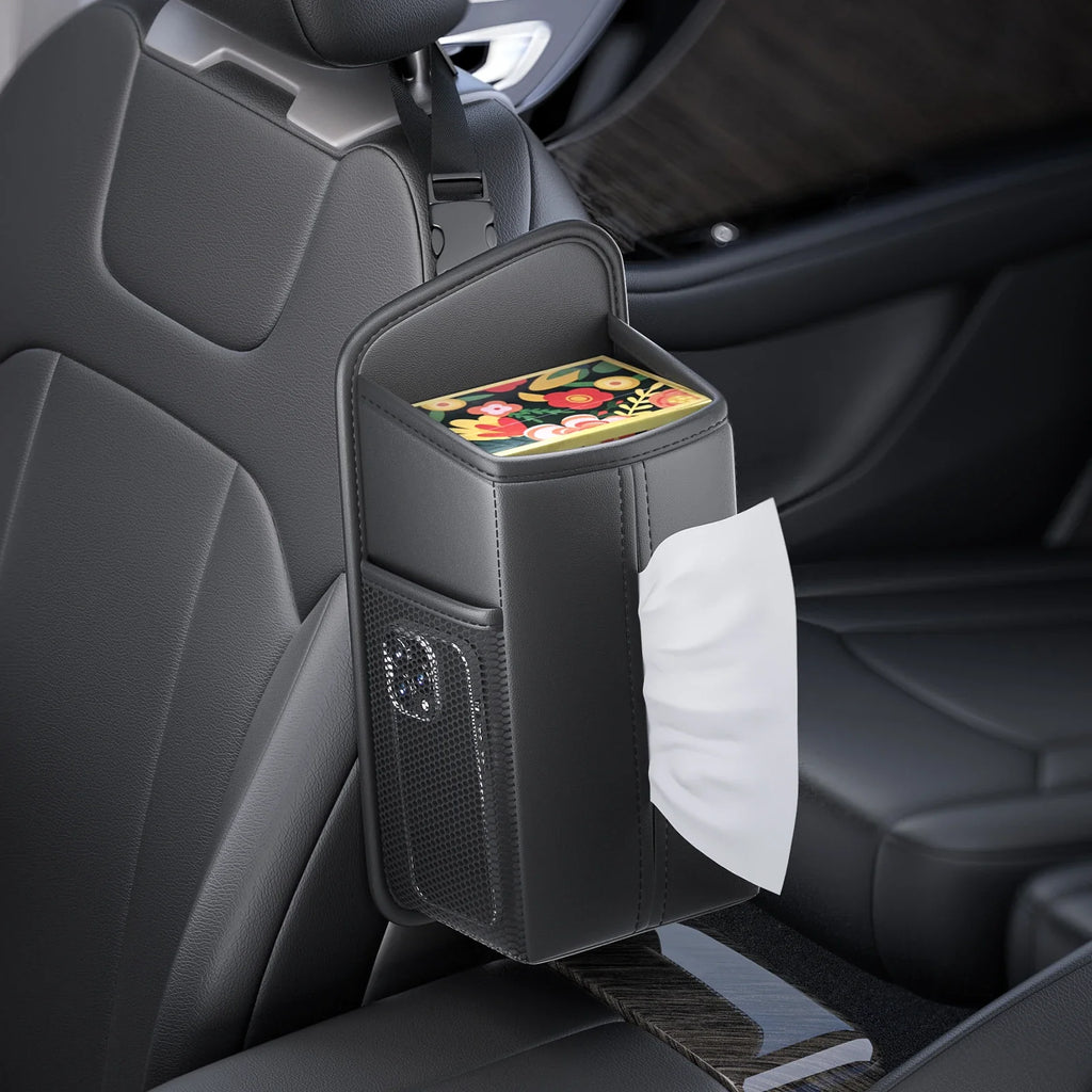 Leather Car Storage Bag  Auto Seat Organizer Tissue Bag Water Cup Holder Mesh Storage Pocket Car Storage Box With Hanging