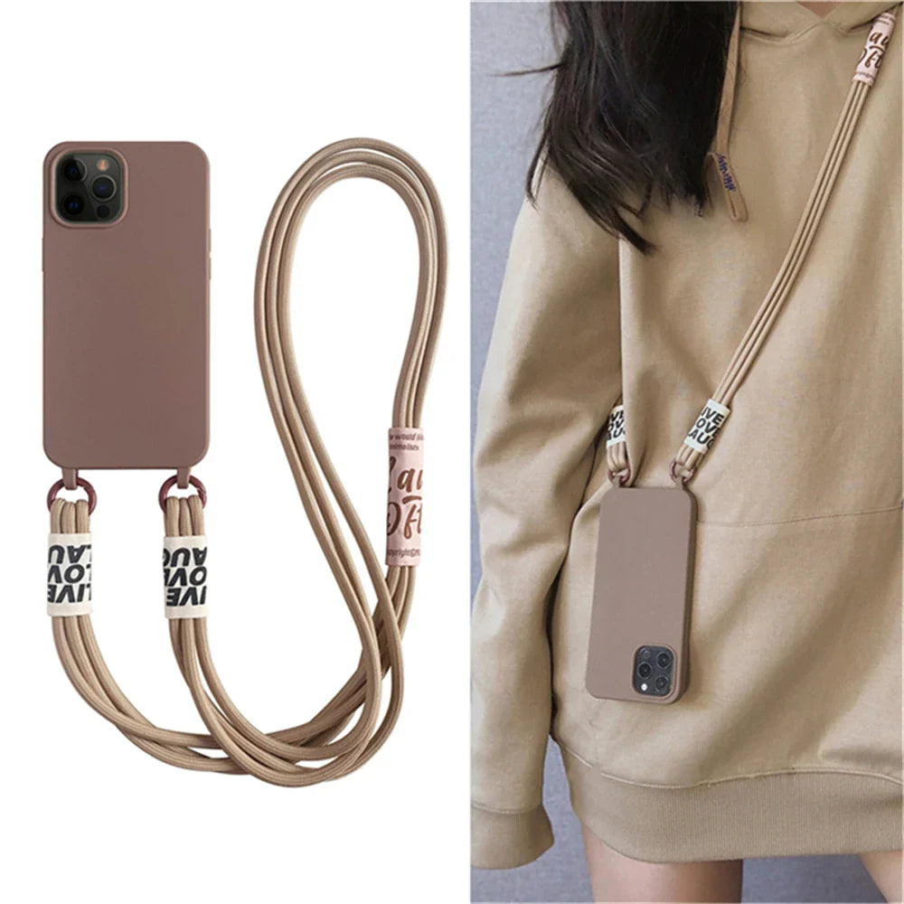 Fashion Crossbody Lanyards Necklace Liquid Silicone Case For iPhone 16 15 14 13 11 12 Pro Max Mini XS XR X 8 7 Plus Matte Cover