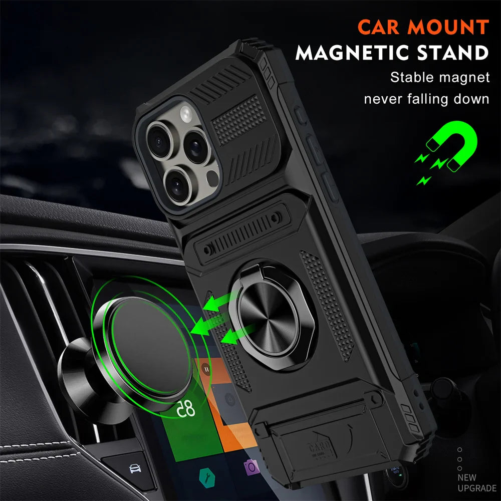 2 Cards Holder Hybrid Defender Case for iPhone 16 Pro Max 15 14 13 11 Magnetic Ring Stand Funda iPhone 15 Pro 14 Plus 8 Plus