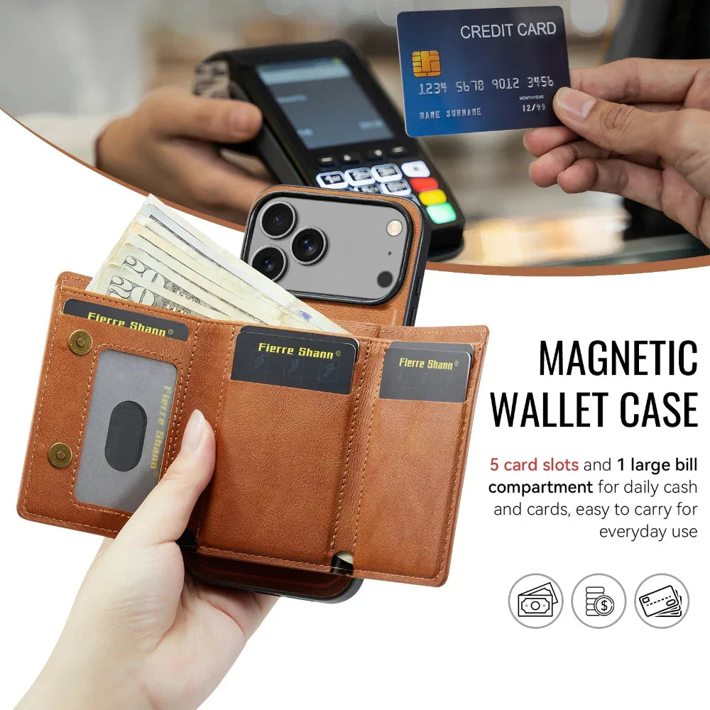 Leather Phone Case for iPhone 17 Pro Max 17Air 16e 16 Plus 15 14 13 12 11 7 8 SE3 Magnetic Detachable Card Holder Wallet Cover