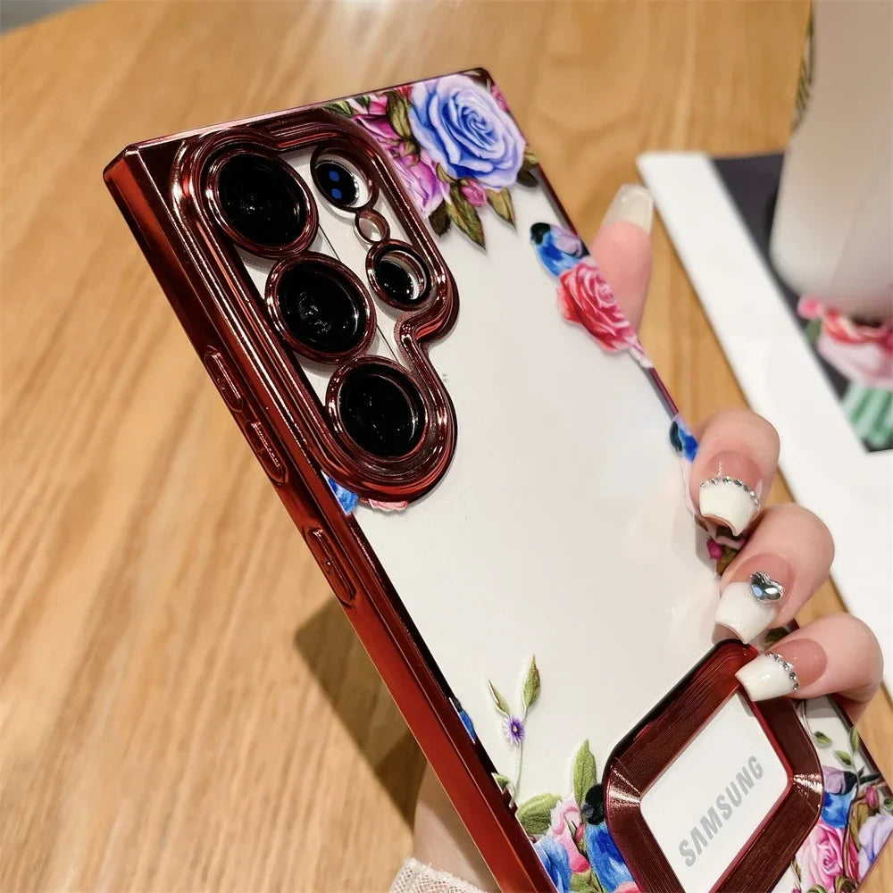 For Samsung S24 Ultra Luxury Plating Logo Hole Case For Samsung Galaxy S23 Ultra S22 Plus Flower Camera Film Transparent Cover