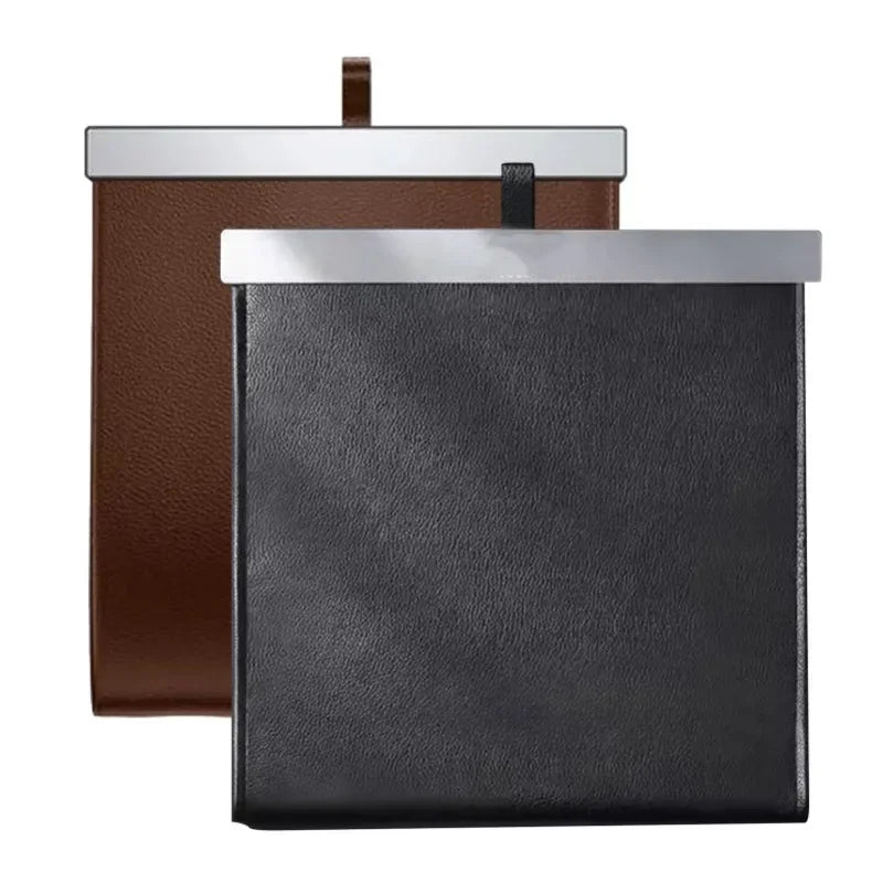 Car Trash Bag Leather Front-Row Hanging Garbage Bin Foldable Waterproof Storage Bucket Rubbish Bag Car Interior Accessories