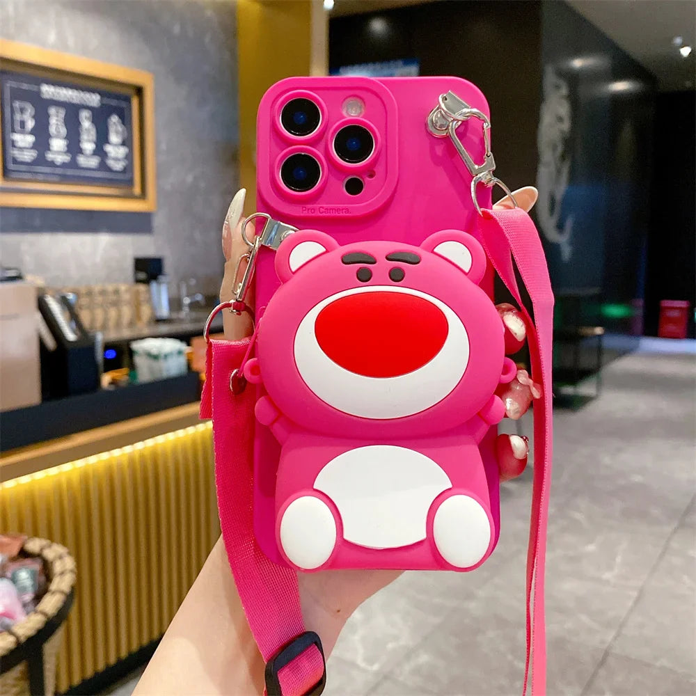 3D Cartoon Capybara Crossbody Strap Coin Wallet Lipstick Bag Phone Case For iPhone 16 15 14 Plus 13 12 11 Pro Max 16ProMax