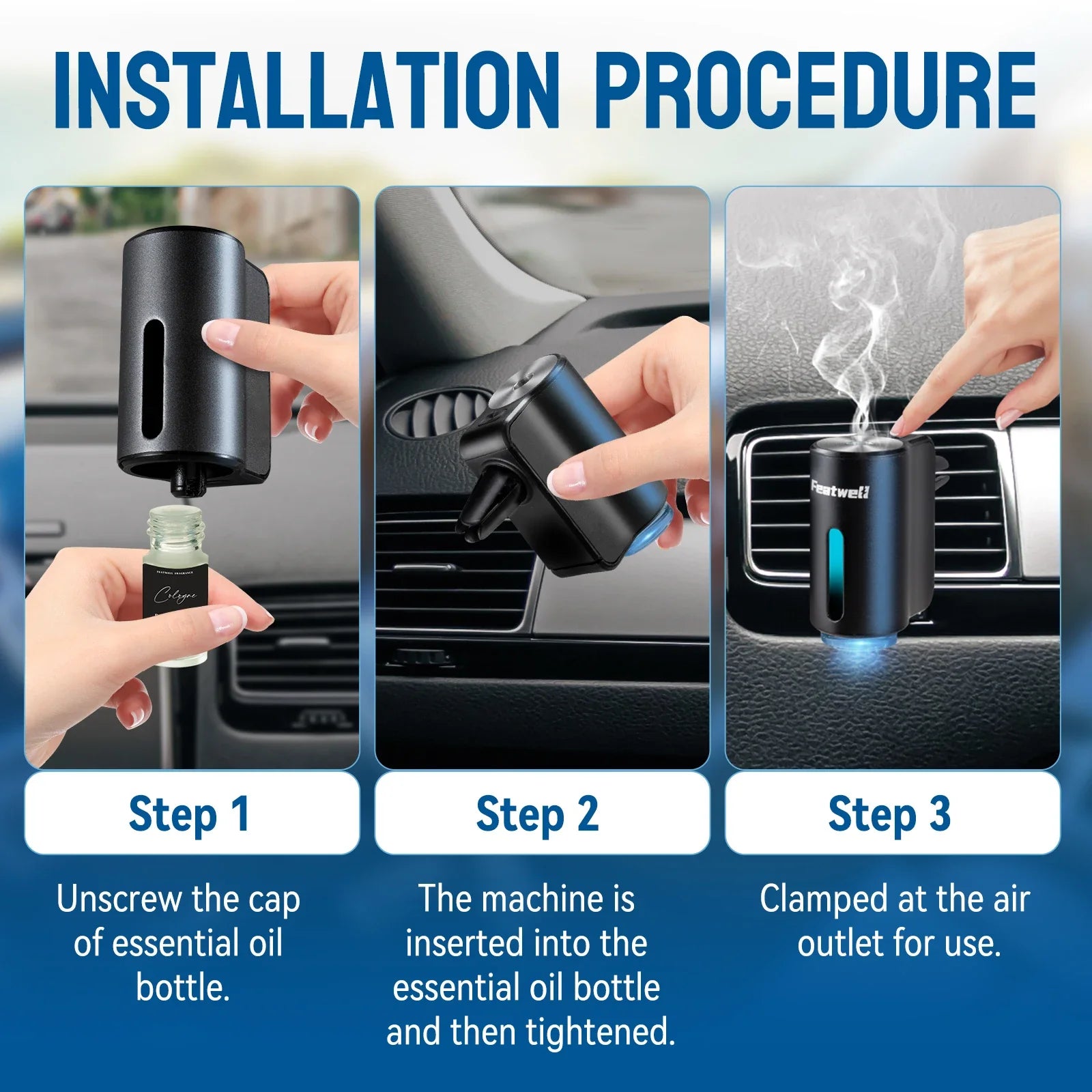 Smart Car Air Freshener Diffuser, Three Adjustable Modes, Intelligent Car Aroma Diffuser with 3pcs Essential Oil