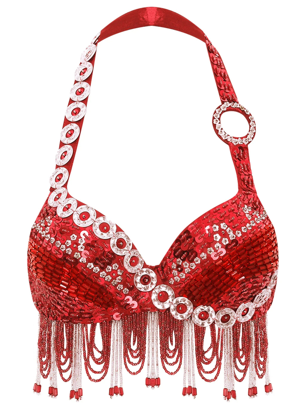 Sequin Beaded Fringe Tassel Performance Costume Halter Bra Top