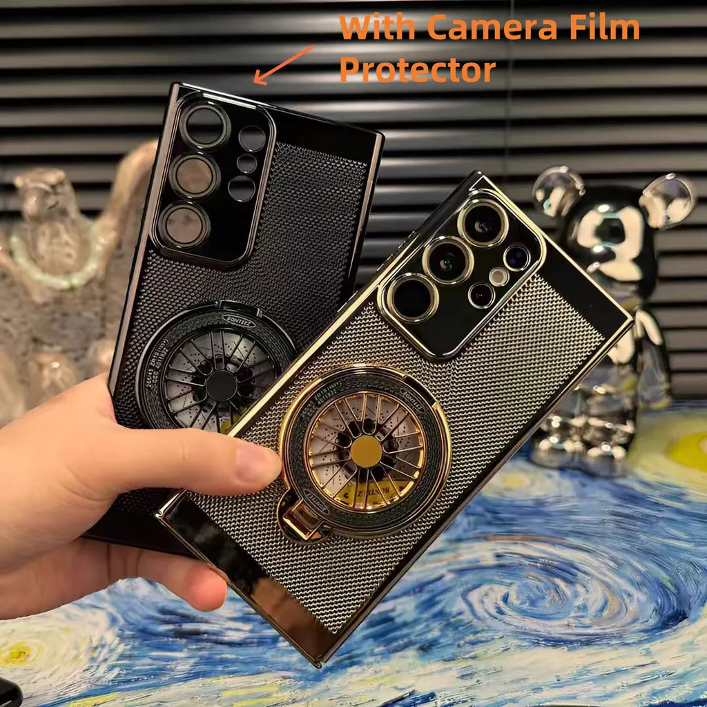 Heat Dissipate Mesh Case For Samsung S24 S25 Ultra Rotating Gyroscope Magsafe Holder Cover For Samsung S23 Ultra S22 Hard Case