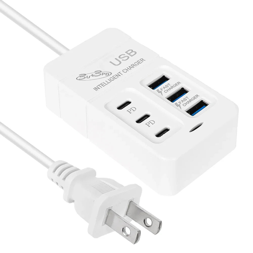 PD Quick Charging Wall Chargers USB Hub Adapter 6 Ports USB Type C Desktop EU US Plug Slots Charging Extension Socket Outlet