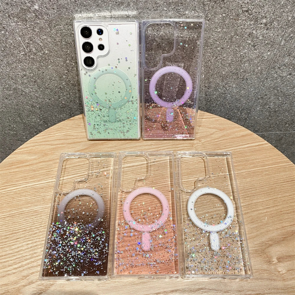 for Samsung S23 Ultra Gradient Glitter Epoxy Case for Samsung Galaxy S23 Plus S22 Ultra for Magsafe Magnetic Transparent Cover