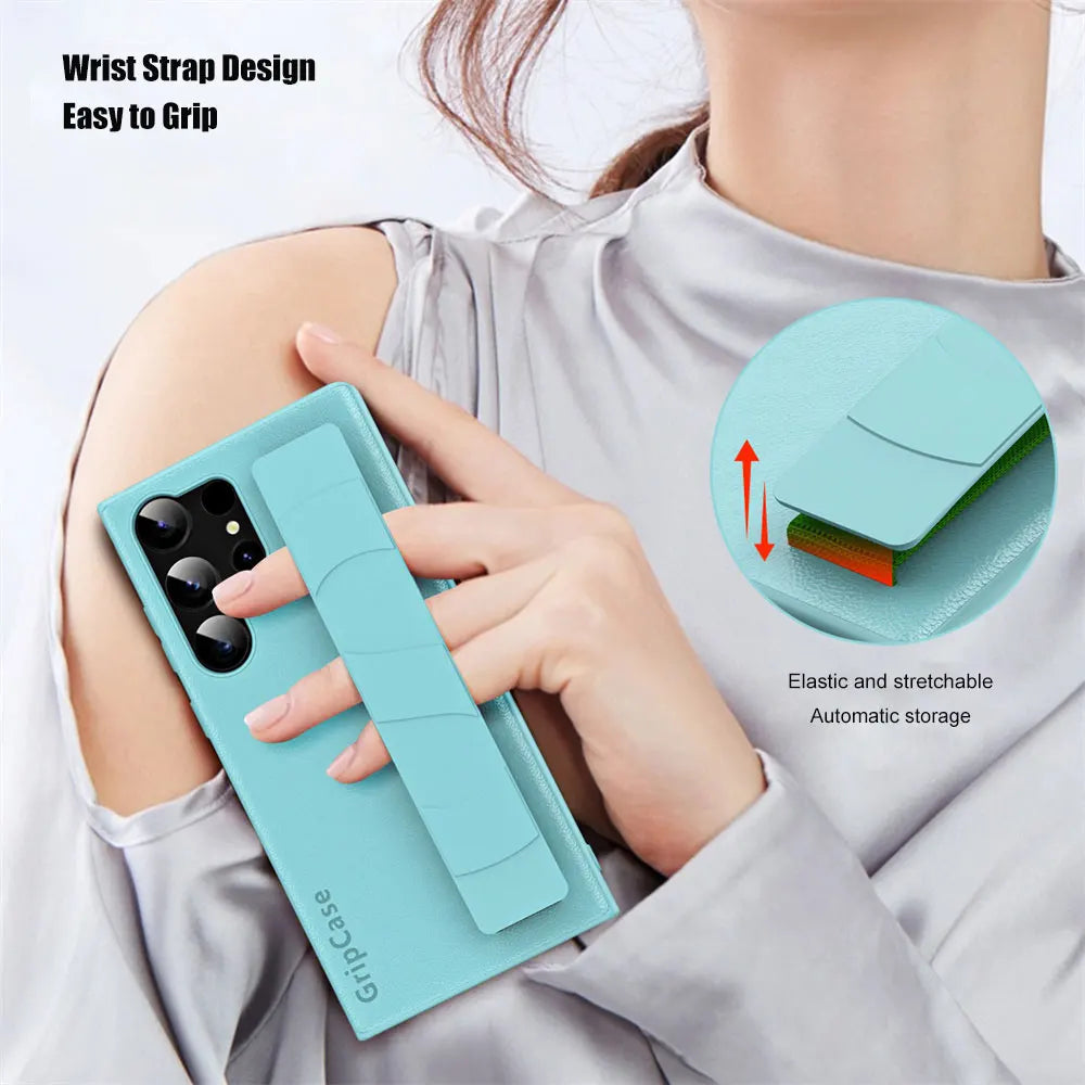 Luxury Leather Wristband Case For Samsung Galaxy S23 Ultra S22 Plus Hand Strap Business Pure Color Cover for Samsung S23Ultra