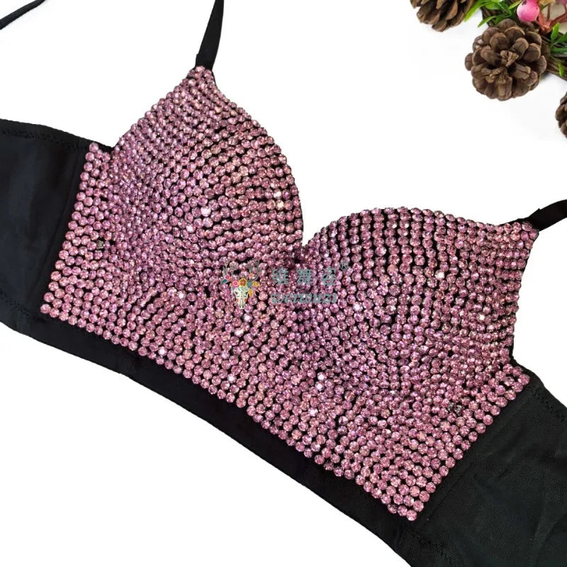 Colored Rhinestone Longline Costume Bra