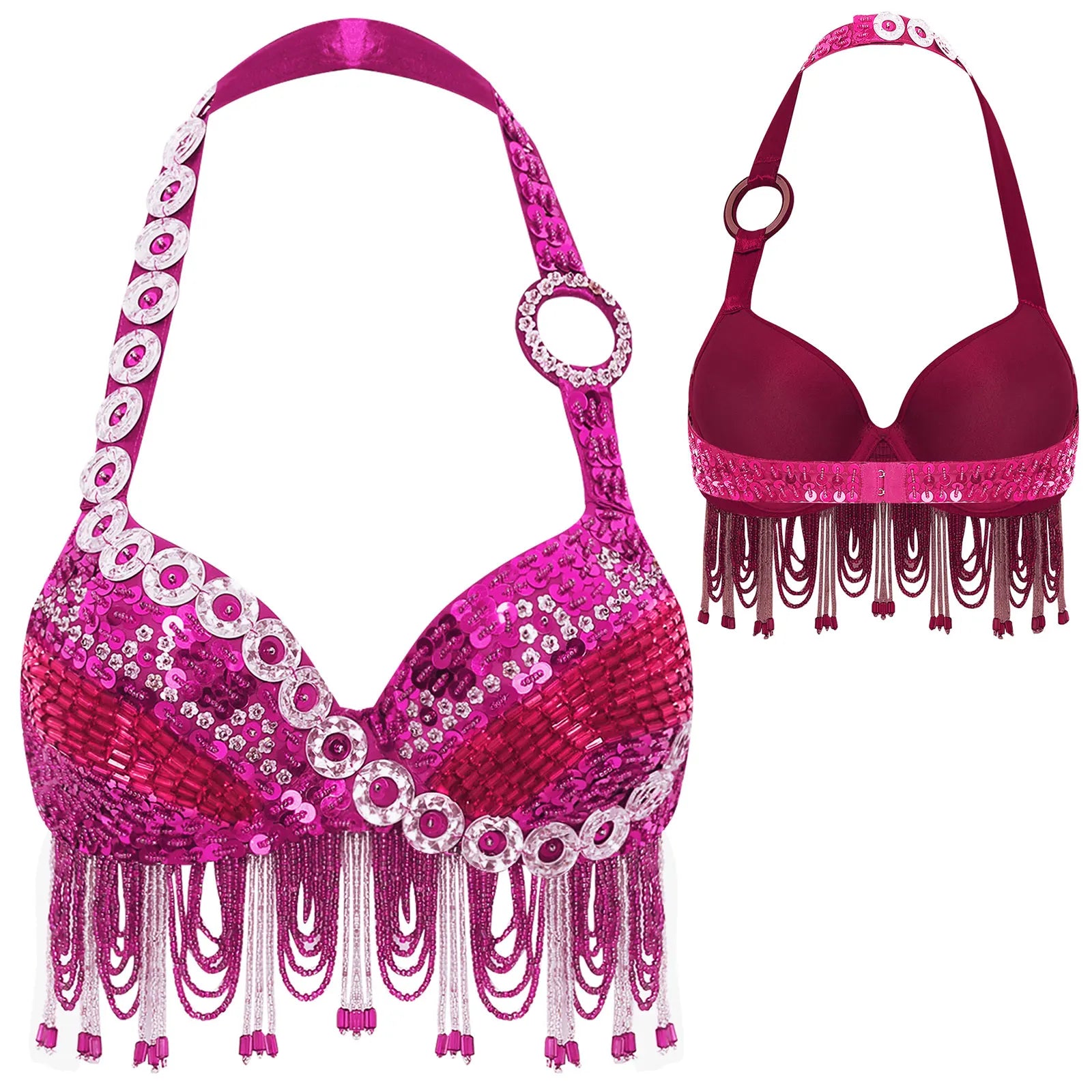 Sequin Beaded Fringe Tassel Performance Costume Halter Bra Top