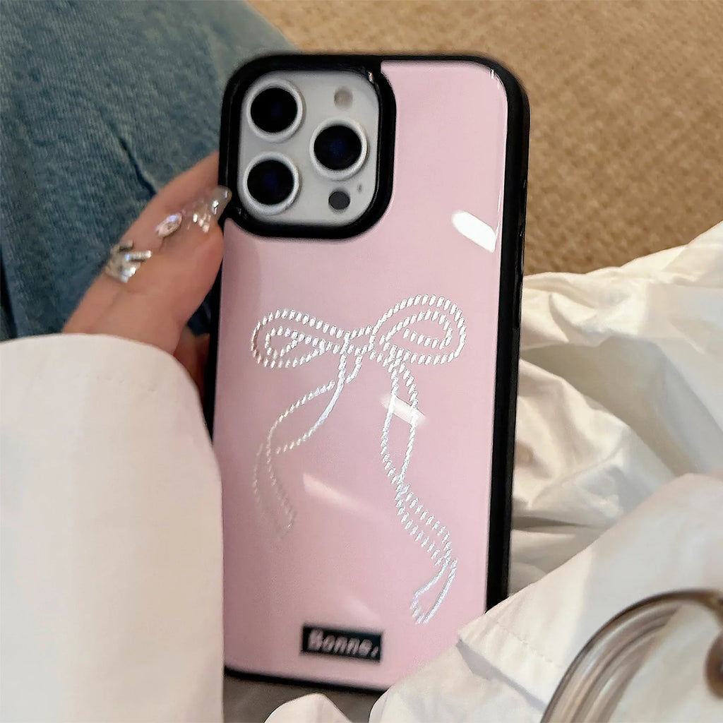 Rhinestone Bow Phone Case for iPhone 16 Pro Max 15 14 Plus 13 12 Cute Glossy Pink Girly Shockproof Hard Cover Gift