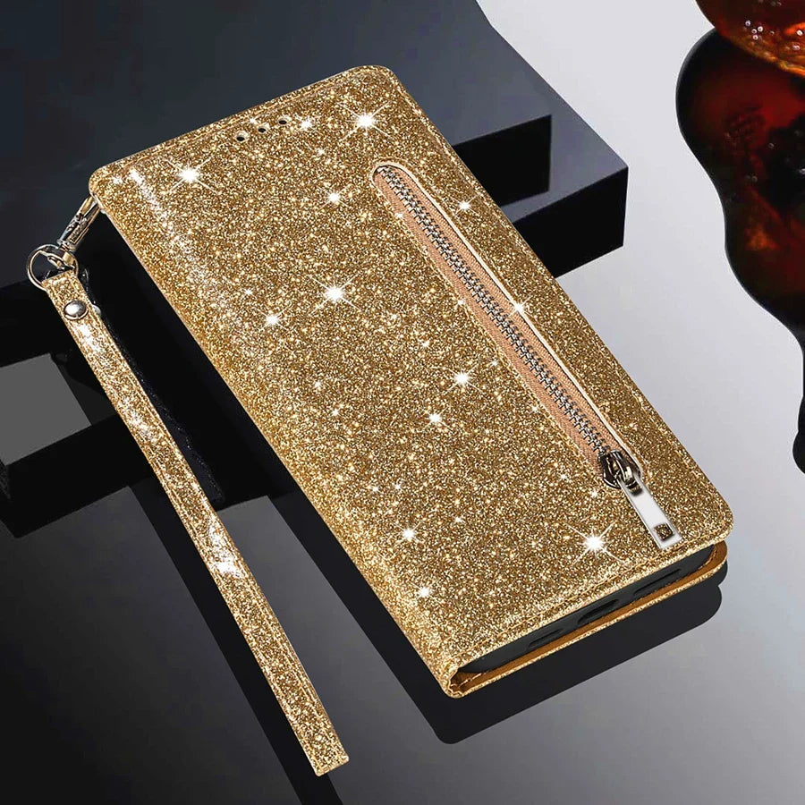 Glitter Wallet Magnetic Flip Leather Case For Samsung Galaxy Z Fold5 Z Fold4 Zipper Case For Samsung Galaxy Z Fold3 5G Z Fold 5