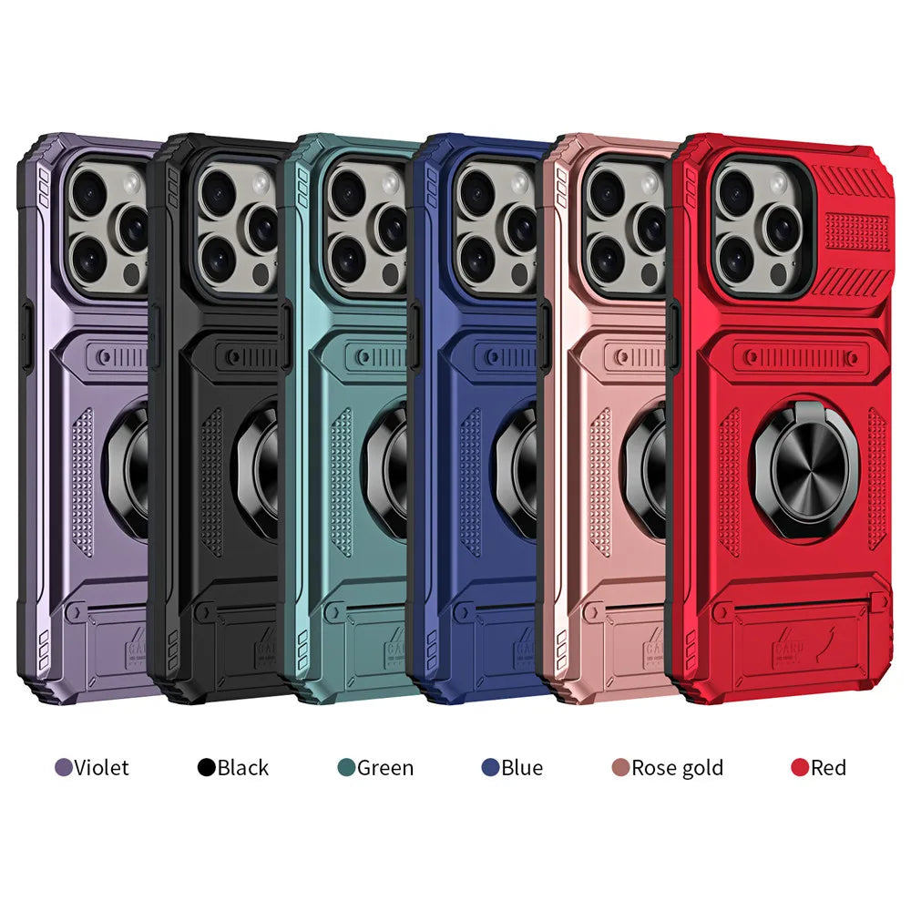2 Cards Holder Hybrid Defender Case for iPhone 16 Pro Max 15 14 13 11 Magnetic Ring Stand Funda iPhone 15 Pro 14 Plus 8 Plus