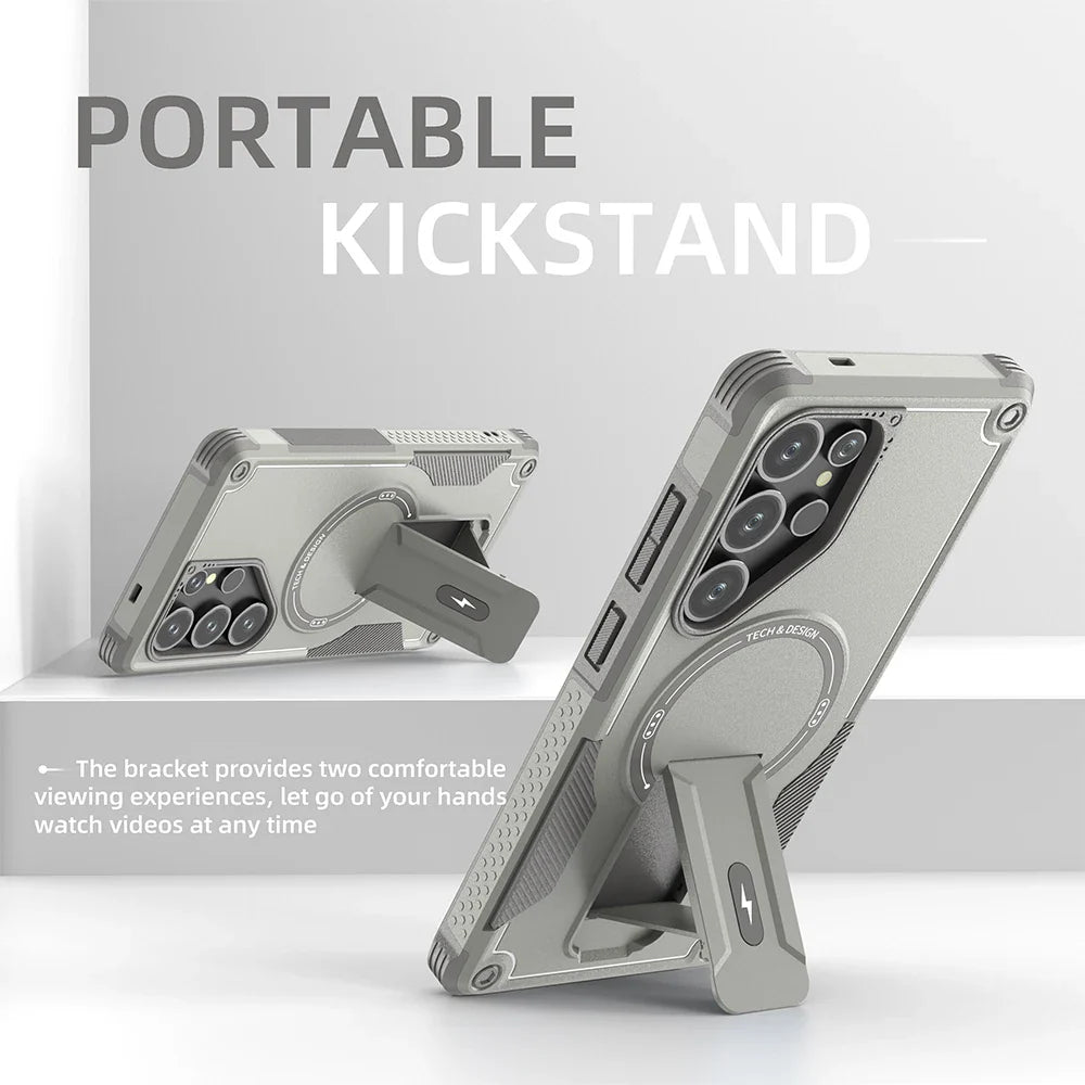 Fold Stand Holder Magnetic Armor Case For Samsung S25 Ultra S24 Plus Wireless Charging Invisible Bracket Shockproof Hard Cover