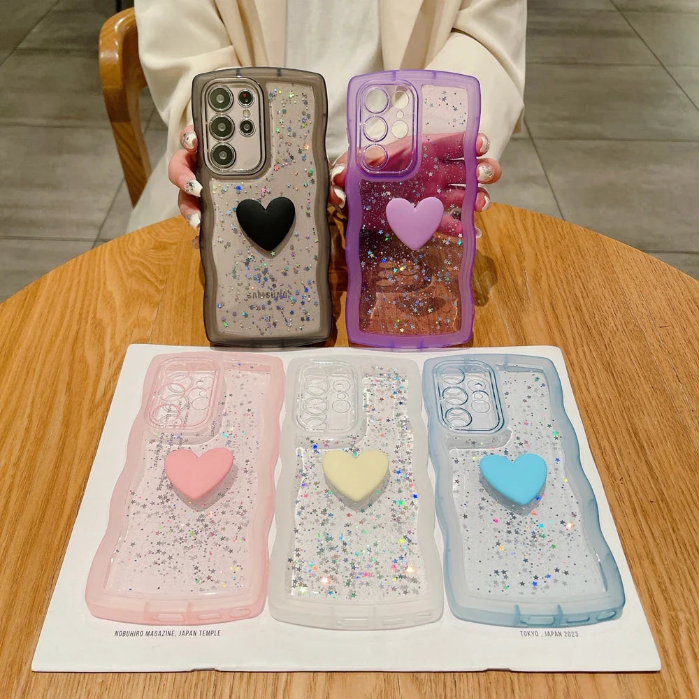 Glitter Love Heart Case for Samsung Galaxy S24 Ultra S23 S22 Plus S20 S21 FE Note 20 A54 A55 A35 A25 A15 A34 A14 A24 Clear Cover